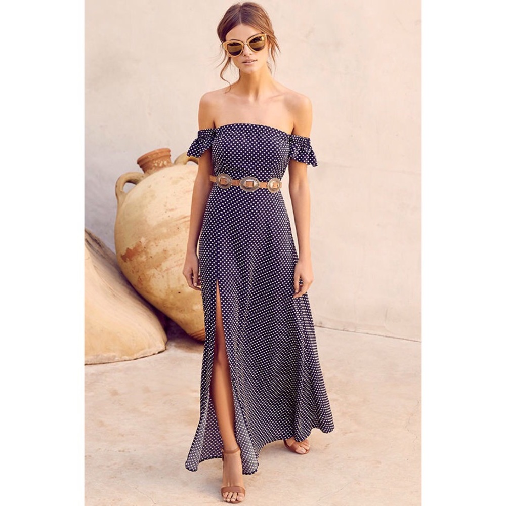NAVY BLUE POLKA DOT OFF-THE-SHOULDER MAXI DRESS